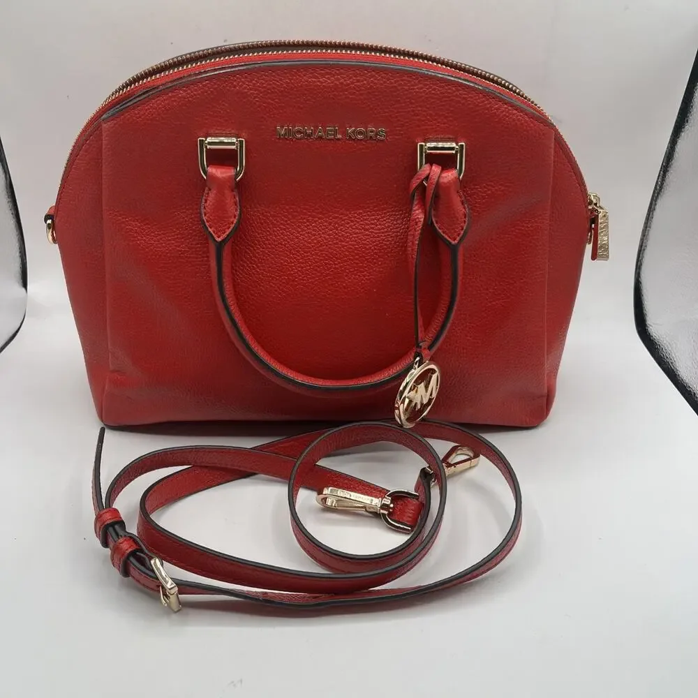 Michael Kors Bright Red Dome Satchel Adele Scarlet Crossbody Bag Pebbled Leather